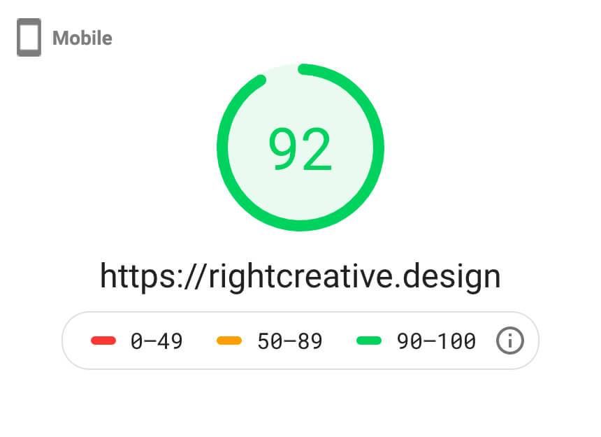 Google Page Speed Insights Mobile Score - 92%